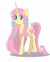 Size: 723x903 | Tagged: safe, artist:crazy spring surprise, derpibooru import, fluttershy, pony, unicorn, leak, spoiler:g5, female, fluttershy (g5), g5, hooves, looking at you, mare, redesign, simple background, solo, unicorn fluttershy, white background