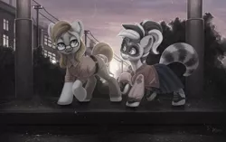 Size: 3438x2160 | Tagged: safe, alternate version, artist:amishy, derpibooru import, oc, oc:bandy cyoot, oc:jerry alton, earth pony, hybrid, pony, raccoon, raccoon pony, admiration, admiring, asphalt, belt, big ears, black stripe, blue, building, bush, canines, chimney, clothes, date, ears, ears up, electric pole, eye, eyebrows, eyelashes, eyes, facial hair, female, food, glasses, goatee, grass, gray coat, green eyes, hair, happy, hedge, hooves, jacket, lamppost, letterman jacket, light, lighting, lines, long hair male, loose hair, love, male, mare, mask, multicolored hair, muzzle, nose, nostrils, open smile, orange, pants, patch, plaid shirt, pocket, purple sky, rain, raised eyebrows, reflection, retro, saddle oxfords, shading, shine, shipping, shirt, shoelace, shoes, short tail, sidewalk, skirt, smiling, snout, soft, stallion, stars, steeple, striped tail, stripes, sun, sunset, tan, telephone pole, together, treble clef, two toned mane, water, white pony, white stripes, window, yellow, yellow eyes, yellow shirt, zipper