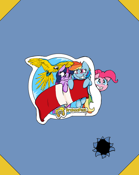 Size: 2550x3200 | Tagged: safe, artist:lucas_gaxiola, derpibooru import, pinkie pie, rainbow dash, twilight sparkle, bird, earth pony, parrot, pegasus, pony, unicorn, female, flying, fourth wall, grin, mare, smiling, unicorn twilight