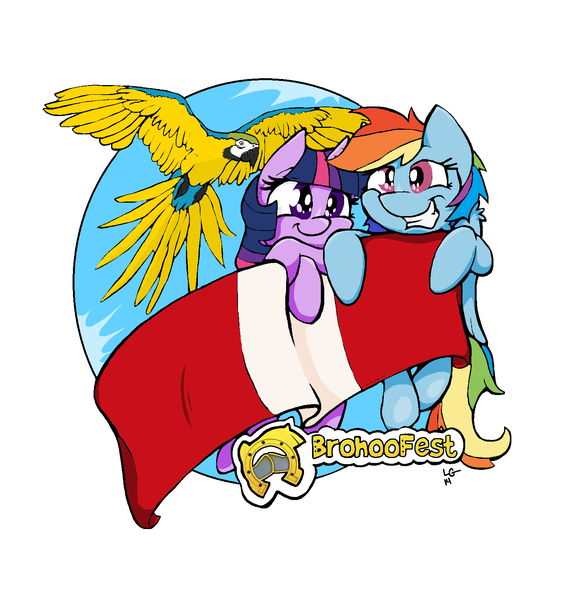 Size: 1516x1572 | Tagged: safe, alternate version, artist:lucas_gaxiola, derpibooru import, rainbow dash, twilight sparkle, bird, blue-and-yellow macaw, macaw, parrot, pegasus, pony, unicorn, female, flying, grin, mare, simple background, smiling, unicorn twilight, white background