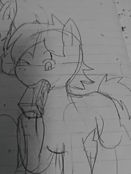 Size: 1080x1440 | Tagged: safe, artist:omegapony16, derpibooru import, oc, unofficial characters only, earth pony, pony, earth pony oc, eating, lineart, lined paper, mouth hold, one eye closed, raised hoof, traditional art, wink