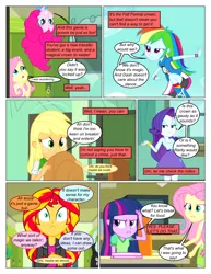 Size: 612x792 | Tagged: safe, artist:greatdinn, artist:newbiespud, derpibooru import, edit, edited screencap, screencap, applejack, fluttershy, pinkie pie, rainbow dash, rarity, sci-twi, snails, snips, sunset shimmer, twilight sparkle, comic:friendship is dragons, equestria girls, equestria girls (movie), clothes, collaboration, comic, cutie mark, cutie mark on clothes, desk, dialogue, female, freckles, frown, grin, hat, humane five, humane six, incomplete twilight strong, male, running, screencap comic, smiling, upside down, wide eyes