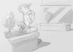 Size: 1251x900 | Tagged: anthro, artist:carnifex, ass, barb, butt, clothes, daisy dukes, derpibooru import, dragon, female, flip-flops, grayscale, hot pants, looking at you, looking back, looking back at you, monochrome, rule 63, sandals, shorts, sitting, sketch, solo, solo female, spike, suggestive, sunglasses, sun visor