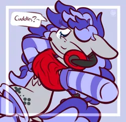 Size: 2176x2112 | Tagged: safe, artist:kimjoman, derpibooru import, oc, oc:cinnabyte, unofficial characters only, adorkable, bandana, clothes, cuddling, cute, dork, gaming headset, headset, question, socks, solo, striped socks