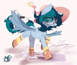 Size: 3210x2720 | Tagged: safe, artist:nevobaster, derpibooru import, oc, oc:delta vee, unofficial characters only, pegasus, pony, boots, clothes, cute, female, glasses, gumboots, happy, hat, mare, ocbetes, open mouth, playing, puddle, rocket, running, shoes, simple background, spread wings, toy, weapons-grade cute, white background, wings, younger