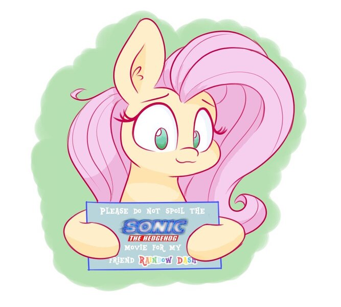 Size: 1000x900 | Tagged: safe, artist:heir-of-rick, derpibooru import, fluttershy, pegasus, pony, cute, female, mare, no spoilers, shyabetes, sign, solo, sonic movie, sonic the hedgehog, sonic the hedgehog (series), sonic the hedgehog movie