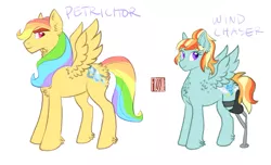 Size: 1135x691 | Tagged: safe, artist:butteredpawpcorn, derpibooru import, oc, oc:petrichor, oc:wind chaser, unofficial characters only, pegasus, pony, amputee, brother and sister, congenital amputee, duo, female, male, mare, missing limb, offspring, parent:rainbow dash, parent:zephyr breeze, parents:zephdash, prosthetic leg, prosthetic limb, prosthetics, siblings, simple background, stallion, white background