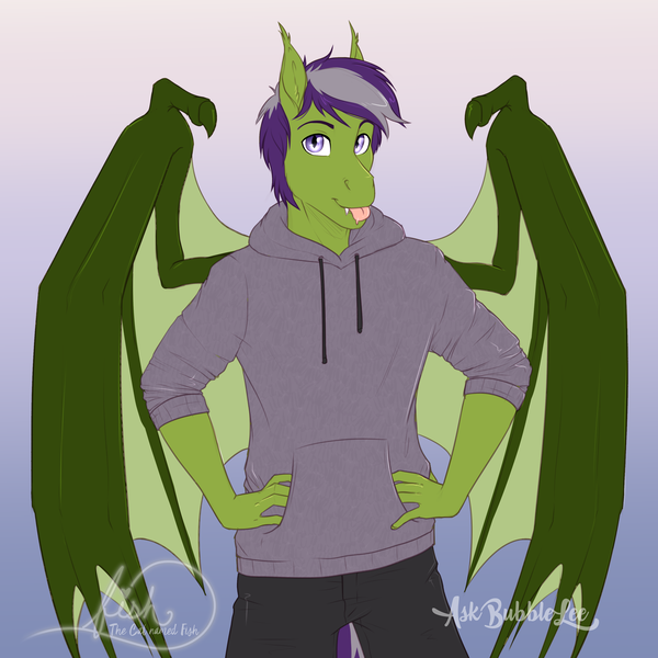 Size: 3300x3300 | Tagged: safe, artist:askbubblelee, derpibooru import, oc, oc:grey seeking dusk, unofficial characters only, anthro, bat pony, anthro oc, bat pony oc, bat wings, clothes, digital art, hoodie, smiling, solo, sweater, tongue out, wings
