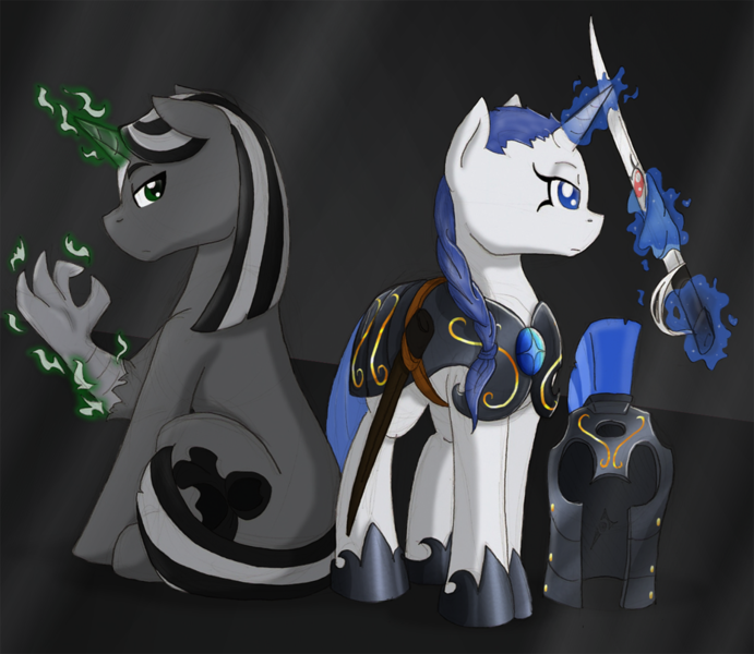 Size: 928x806 | Tagged: armor, artist:ravenpuff, changeling, changeling oc, derpibooru import, duo, eyelashes, female, filly, glowing horn, guard, helmet, hoof shoes, horn, magic, male, oc, oc:alias, oc:serene grace, reflection, safe, stallion, telekinesis, transformation, unofficial characters only