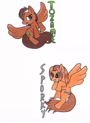 Size: 766x1040 | Tagged: safe, artist:blazelupine, derpibooru import, oc, oc:sporky, oc:tozame, unofficial characters only, pegasus, pony, cutie mark, female, male, simple background, tongue out, traditional art, white background, wings