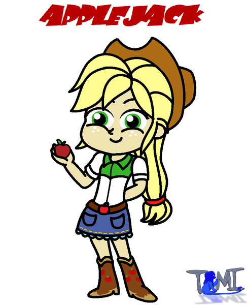 Size: 844x1036 | Tagged: safe, artist:tommychipmunk, derpibooru import, applejack, equestria girls, apple, clothes, food, pose, smiling