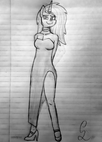 Size: 825x1150 | Tagged: alicorn, anthro, artist:somber, clothes, cocktail dress, collar, derpibooru import, dress, fallout equestria, female, lined paper, oc, safe, smiling, solo, traditional art, unofficial characters only