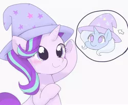 Size: 2048x1690 | Tagged: safe, artist:arrow__root, derpibooru import, starlight glimmer, trixie, pony, unicorn, bipedal, blushing, clothes, cute, duo, female, glimmerbetes, hat, pointing, simple background, smiling, thought bubble, trixie's hat, white background