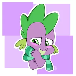 Size: 1414x1414 | Tagged: safe, artist:emositecc, derpibooru import, spike, dragon, blushing, bust, clothes, cute, male, scarf, simple background, solo, spikabetes
