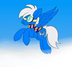 Size: 1920x1800 | Tagged: safe, artist:notadeliciouspotato, derpibooru import, oc, oc:silver seraph, unofficial characters only, pegasus, pony, aviator goggles, clothes, cloud, flying, goggles, male, open mouth, scarf, sky, smiling, solo, spread wings, stallion, wings
