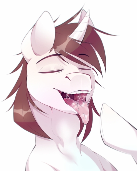 Size: 1300x1625 | Tagged: questionable, artist:pinedx, derpibooru import, oc, oc:flower star, unofficial characters only, unicorn, brown mane, bulges, drool, eyes closed, female, gulp, macro, mare, maw, mawshot, open mouth, pink tongue, simple background, swallowing, vore, white background, white coat