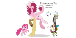 Size: 1370x695 | Tagged: safe, artist:magicuniclaws, derpibooru import, discord, pinkie pie, oc, oc:peppermint pie, draconequus, earth pony, hybrid, pony, discopie, female, interspecies offspring, male, offspring, parent:discord, parent:pinkie pie, parents:discopie, shipping, simple background, straight, transparent background