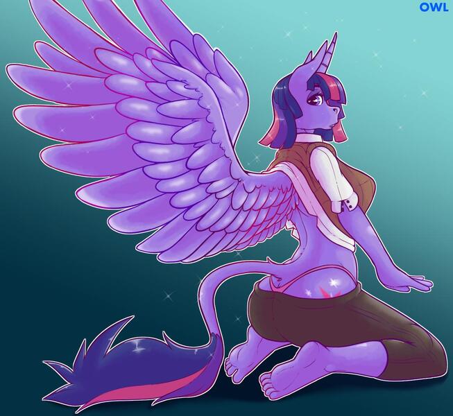 Size: 1275x1172 | Tagged: alicorn, anthro, artist:thecreamyowl, breasts, busty twilight sparkle, butt, clothes, cutie mark, derpibooru import, female, kneeling, looking at you, looking back, panties, plantigrade anthro, solo, solo female, suggestive, thong, twilight sparkle, twilight sparkle (alicorn), underwear, wings