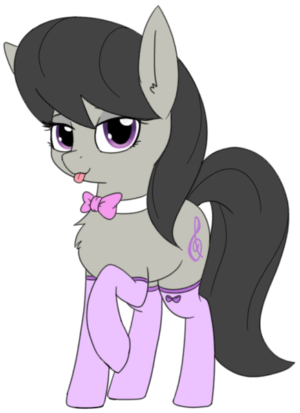 Size: 603x829 | Tagged: safe, alternate version, artist:wafflecakes, derpibooru import, octavia melody, earth pony, pony, :p, bedroom eyes, bow, bowtie, chest fluff, clothes, cute, ear fluff, female, looking at you, mare, simple background, socks, solo, stockings, tavibetes, thigh highs, tongue out, transparent background