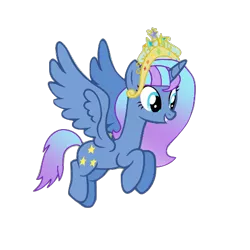 Size: 538x538 | Tagged: safe, artist:crystal twilight, artist:starlight brilliant, derpibooru import, oc, oc:starlight resplendent, unofficial characters only, alicorn, pony, alicorn oc, crown, female, flying, horn, jewelry, regalia, simple background, solo, tail, transparent background, wings