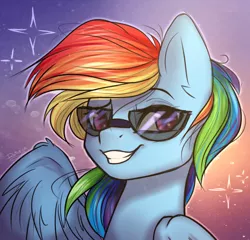 Size: 1920x1845 | Tagged: dead source, safe, artist:reterica, derpibooru import, rainbow dash, pegasus, pony, bust, dreamworks face, ear fluff, glasses, grin, indexed png, looking at you, portrait, smiling, smiling at you, solo, sunglasses, wings