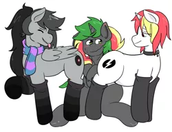 Size: 913x701 | Tagged: suggestive, artist:peachy-pudding, derpibooru import, oc, oc:doctor atom, oc:dusty records, oc:lazy sunday, unofficial characters only, pegasus, unicorn, choker, clothes, collar, cutie mark, female, male, mare, scarf, simple background, socks, stallion, striped socks, tongue out, trio, white background