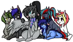 Size: 1317x765 | Tagged: safe, artist:fishtoonz, derpibooru import, oc, oc:blue sea, oc:chromatic duality, oc:david, oc:doctor atom, oc:dusty records, oc:lazy sunday, unofficial characters only, earth pony, pegasus, unicorn, clothes, floppy ears, group photo, scarf, simple background, transparent background