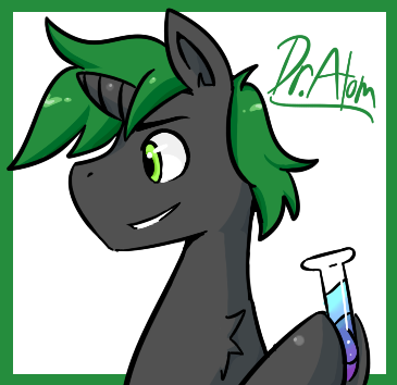 Size: 365x354 | Tagged: artist:peachy-pudding, derpibooru import, male, oc, oc:doctor atom, safe, science, solo, stallion, test tube, text