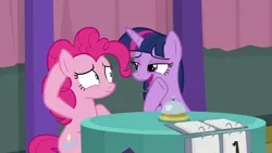 Size: 1920x1080 | Tagged: safe, derpibooru import, screencap, pinkie pie, twilight sparkle, twilight sparkle (alicorn), alicorn, earth pony, pony, a trivial pursuit, bell, bossy, displeased, duo, female, frown, lidded eyes, looking at each other, mare, obsessed, ordering, raised hoof, shrunken pupils, sitting, team twipie, trivia trot, unfair