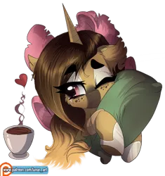 Size: 600x637 | Tagged: safe, artist:a-lunar-eclipse, deleted from derpibooru, derpibooru import, oc, oc:warcry, unofficial characters only, unicorn, coffeee, patreon, patreon logo, pillow, simple background, solo, transparent background