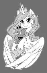 Size: 840x1280 | Tagged: safe, artist:dstears, derpibooru import, princess celestia, princess luna, alicorn, pony, bust, gray background, grayscale, manga style, monochrome, portrait, simple background, smiling, solo, toy