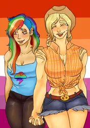 Size: 2480x3508 | Tagged: safe, artist:yukinhishi, derpibooru import, applejack, rainbow dash, human, alternate hairstyle, appledash, applejack's hat, belt, blushing, breasts, busty applejack, clothes, cowboy hat, ear piercing, earring, eyes closed, female, flannel, freckles, hat, holding hands, humanized, jewelry, lesbian, lesbian pride flag, midriff, open mouth, pants, piercing, pride, pride flag, shipping, shorts, sweatpants, tanktop