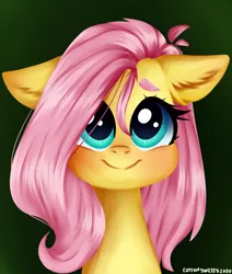 Size: 1416x1672 | Tagged: safe, artist:cottonsweets, derpibooru import, fluttershy, pegasus, pony, baby face, blushing, bust, chubby cheeks, cute, ear fluff, female, floppy ears, fluffy, full face view, green background, looking at you, mare, painting, portrait, shyabetes, simple background, smiling, solo, stray strand, wide eyes