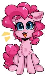 Size: 1000x1644 | Tagged: safe, artist:cottonsweets, derpibooru import, pinkie pie, earth pony, pony, blushing, chest fluff, chibi, cute, diapinkes, ear fluff, floppy ears, fluffy, leg fluff, simple background, sitting, smiling, smiling at you, smol, solo, transparent background