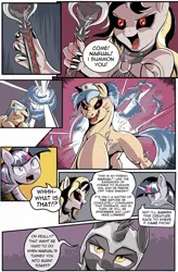 Size: 1280x1949 | Tagged: safe, artist:madgehog, derpibooru import, twilight sparkle, twilight sparkle (alicorn), oc, oc:everchanging, oc:fallenlight, alicorn, pony, unicorn, comic:curse and madness, colored, comic, mlpcam, nurse, transformation