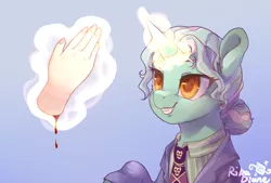 Size: 1748x1181 | Tagged: semi-grimdark, suggestive, artist:rikadiane, derpibooru import, lyra heartstrings, pony, unicorn, blood, clothes, crossover, hand, jojo's bizarre adventure, levitation, magic, necktie, severed hand, shirt, solo, telekinesis, yoshikage kira, yoshikage lyra