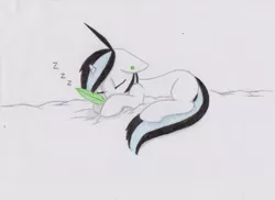 Size: 2514x1833 | Tagged: safe, artist:subimaru_kai, derpibooru import, oc, oc:snowy, unofficial characters only, unicorn, colored, colt, cute, foal, male, quill, sleeping, solo, traditional art