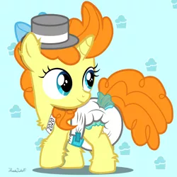 Size: 2000x2000 | Tagged: safe, artist:thunderdasher07, derpibooru import, pumpkin cake, pony, unicorn, abstract background, baby new year, cute, diaper, female, filly, fluffy, hat, new year, poofy diaper, pumpkinbetes, solo, top hat
