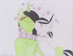 Size: 3303x2550 | Tagged: artist:subimaru_kai, blushing, clothes, collar, colt, derpibooru import, foal, heart, kissing, male, oc, oc:snowy, oc:virgil green, safe, socks, stallion, striped socks, traditional art