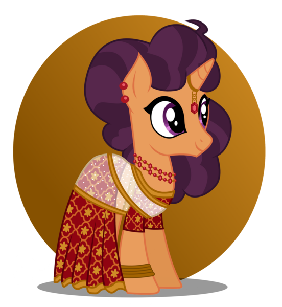 Size: 1280x1391 | Tagged: safe, artist:tenderrain46, derpibooru import, saffron masala, pony, unicorn, beautiful, clothes, cute, dress, ear piercing, female, gala dress, horn, horn jewelry, jewelry, mare, necklace, piercing, ring, ruby, saffronbetes, simple background, smiling, solo