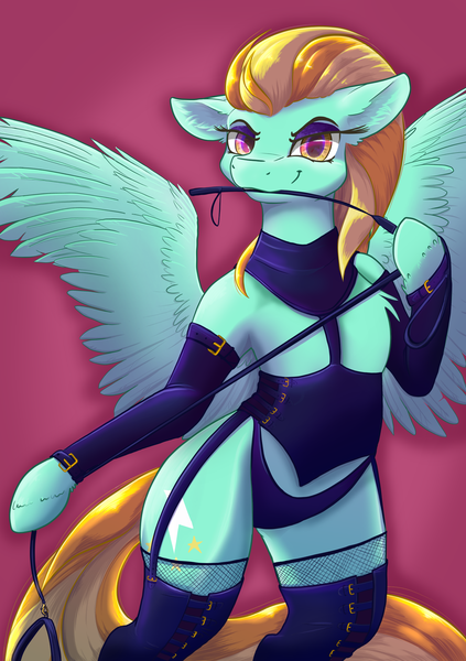 Size: 1443x2048 | Tagged: artist:banoodle, clothes, collar, derpibooru import, dominatrix, female, lightning dust, mature, riding crop, suggestive