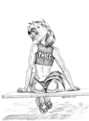 Size: 1000x1367 | Tagged: suggestive, artist:baron engel, derpibooru import, babs seed, anthro, earth pony, unguligrade anthro, abs seed, ass, bikini, bikini bottom, butt, clothes, digital art, dock, female, grayscale, looking at you, looking back, looking back at you, looking over shoulder, mare, midriff, monochrome, muscles, muscular female, older, older babs seed, pencil drawing, rear view, sitting, smiling, solo, solo female, swimsuit, traditional art, unshorn fetlocks