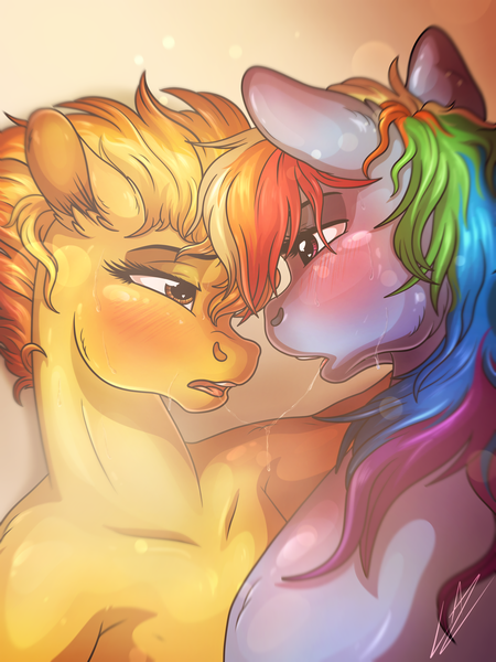 Size: 3000x4000 | Tagged: suggestive, artist:lupiarts, derpibooru import, rainbow dash, spitfire, pony, afterglow, blushing, breath, digital art, drool, drool string, dust, female, heart, heart eyes, heat, hot, lesbian, romance, romantic, sexy, shipping, spitdash, wingding eyes