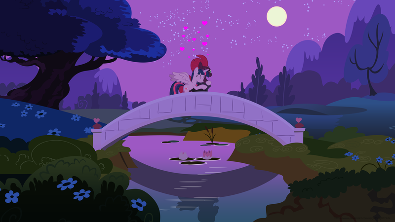 Size: 6400x3600 | Tagged: safe, artist:ejlightning007arts, derpibooru import, tempest shadow, twilight sparkle, twilight sparkle (alicorn), alicorn, unicorn, bridge, eyes closed, female, flower, heart, hug, lesbian, moon, night, river, shipping, stars, tempestlight, tree