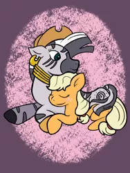 Size: 1536x2048 | Tagged: safe, artist:amynewblue, derpibooru import, applejack, zecora, earth pony, pony, zebra, accessory swap, applecora, applejack's hat, cowboy hat, cuddling, female, hat, lesbian, love, prone, shipping