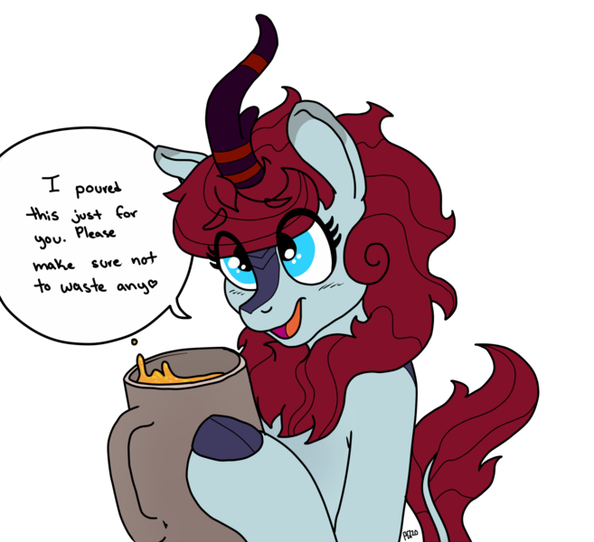 Size: 1314x1200 | Tagged: artist:pony quarantine, bashful, derpibooru import, female, kirin, kirin beer, kirin beer is pee, kirin oc, mare, oc, oc:wahine kona, simple background, solo, speech bubble, suggestive, text, transparent background, unofficial characters only