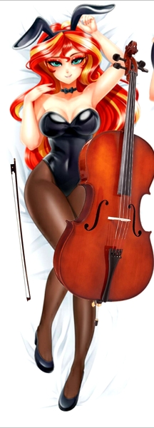 Size: 778x2160 | Tagged: source needed, suggestive, artist:racoonsan, derpibooru import, edit, sunset shimmer, human, equestria girls, anime, armpits, bare shoulders, bedroom eyes, bow (instrument), breasts, bunny ears, bunny suit, cello, cello bow, clothes, cropped, female, high heels, legs, leotard, musical instrument, pantyhose, playboy bunny, seductive pose, sexy, shoes, sleeveless, strapless, stupid sexy sunset shimmer, waifu