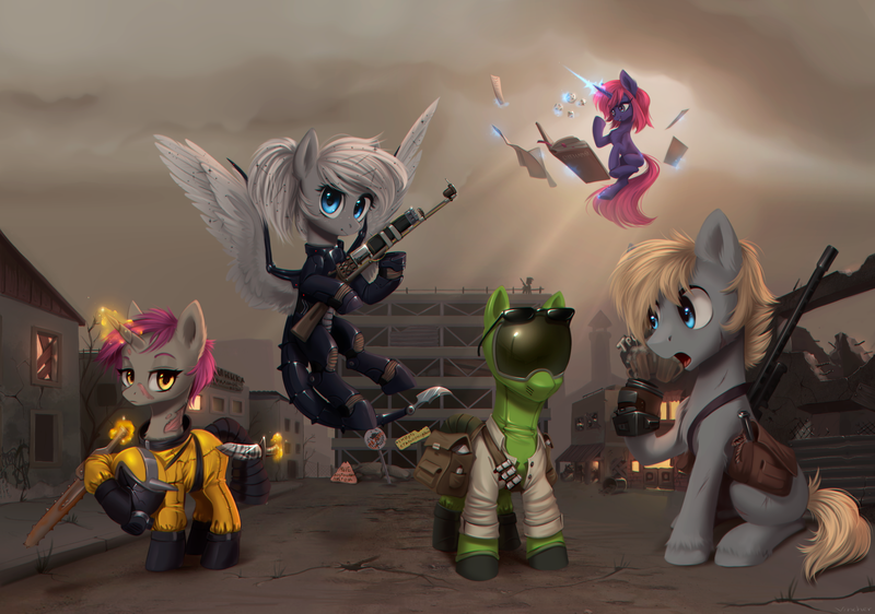 Size: 2134x1499 | Tagged: safe, artist:vincher, derpibooru import, alicorn, earth pony, pegasus, pony, unicorn, fallout equestria, hazmat suit, knife, laser musket, ripper (weapon)