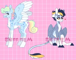 Size: 1024x814 | Tagged: safe, artist:mcwolfity, deleted from derpibooru, derpibooru import, oc, unofficial characters only, pegasus, pony, abstract background, colored hooves, duo, heart, leonine tail, pegasus oc, rainbow tail, watermark, wings