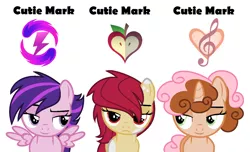 Size: 1452x884 | Tagged: safe, artist:kingbases, artist:soarindash10, derpibooru import, oc, unofficial characters only, earth pony, pegasus, pony, unicorn, base used, cmc next gen, cutie mark, earth pony oc, horn, lidded eyes, looking forward, next generation, offspring, parent:apple bloom, parent:button mash, parent:pipsqueak, parent:rumble, parent:scootaloo, parent:sweetie belle, parents:pipbloom, parents:rumbloo, parents:sweetiemash, pegasus oc, sideways glance, simple background, trio, unicorn oc, wings